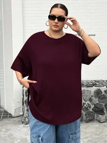 SHEIN CURVE+ 大尺碼休閒紋理短袖側開衩T恤 - 酒紅色 - 查看 6