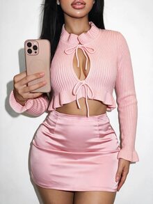 BamGleam Solid Pink Ribbed Knit Cropped Top, Ruffle Neck & Cuffs Long Sleeve Slim Fit Front Tie Up Cardigan, Elegant Autumn Winter New Arrival - Pink - View 3