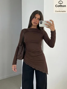 Siren Gaze Kaos Lengan Panjang Slim Fit Katun Wanita Motif Renda Patchwork Warna Cokelat untuk Musim Gugur/Dingin, Formal, Bisnis, Chic, Natal, Tahun Baru, Acara Santai, Peplum A-Line - Coffee Brown - View 2