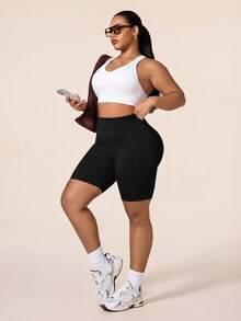 SHEIN Rhythm Era Seamless High Elasticity Plus Size Women's Sports Shorts - Black - View 6