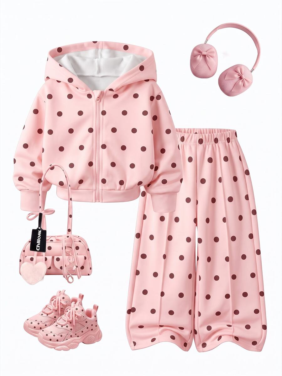 Bộ 2 món áo hoodie kéo khóa và quần dài chấm bi màu hồng cho bé, bộ đồ áo nỉ và quần dài in họa tiết chấm bi dễ thương cho trẻ sơ sinh - Nhiều màu - Xem 1
