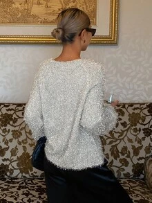 Livesso Autumn/Winter Silver Round Neck Long Sleeve Cable Knit Fitted Ribbed Knit Casual Women's Sweater - Silver - View 2
