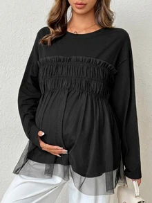 Dazy Maternity Contrast Mesh Loose Long Sleeve Round Neck Casual Vacation Spring Autumn Maternity T-Shirt - Black - View 7