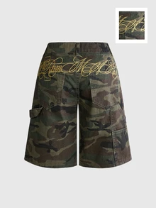 ROMWE Street Life Women's Letter Print Camouflage Casual Everyday Denim Shorts - Army Green - View 1