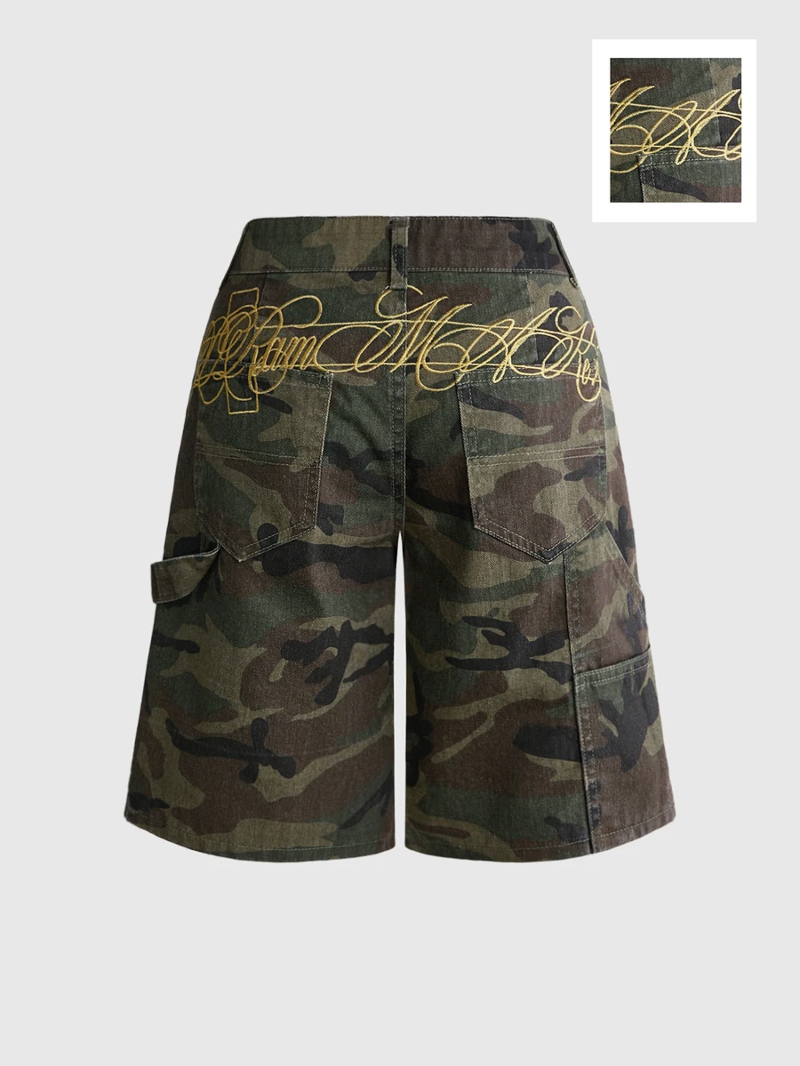 ROMWE Street Life Women's Letter Print Camouflage Casual Everyday Denim Shorts - Army Green - View 1