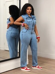 Slaydiva Plus Size Zipper Half-Placket Pocket Fashion Denim Jumpsuit - Blue - View 5