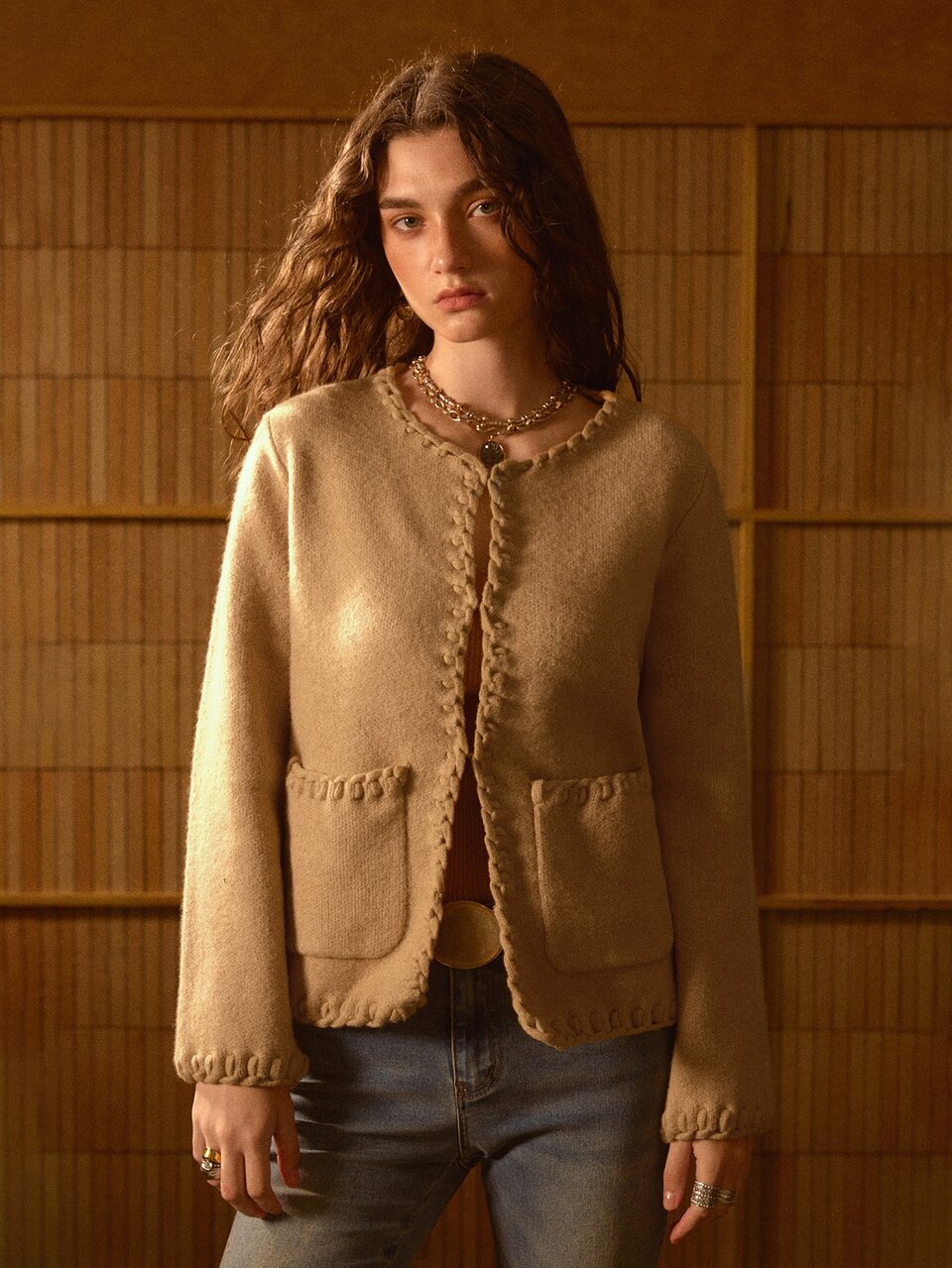 MOTF STUDIO WOMEN'S AUTUMN LAZY STYLE CROCHET TRIM KNIT CARDIGAN