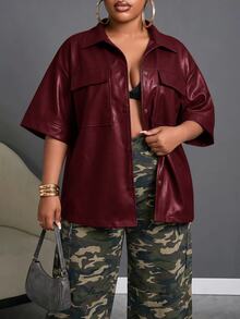 Slaydiva Plus Size Women's Solid Color Casual Versatile Daily Jacket Winter - Red - View 4