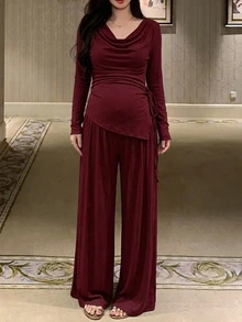 Dazy Maternity Solid Color Elastic Drawstring Tie Cowl Neck T-Shirt & Wide Leg Pants 2 Pieces Set, Elegant Home Wear, Daily, Spring/Autumn, Maternity - Burgundy - View 3