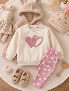 SHEIN Baby Girl Embroidered Round Neck Long Sleeve Sweatshirt And Heart Print Pants Set - Pink - View 3