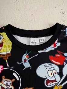 SpongeBob SquarePants | SHEIN 小男孩圓領短袖上衣與短褲休閒套裝 - 黑色 - 查看 3
