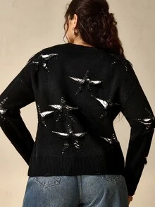 Nubod Plus Size Black & White Pentagram Hollow-Out Jacquard Distressed Ripped Crew Neck Long Sleeve Knit Base Layer Sweater - Black - View 2
