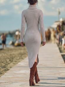 Faunlyn Women's Solid Color High Neck Long Sleeve Slim Fit Elegant Knit Dress - Grey - View 2
