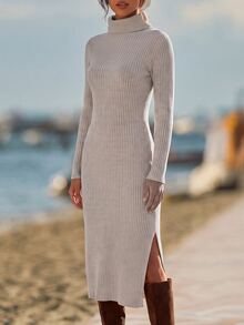 Faunlyn Women's Solid Color High Neck Long Sleeve Slim Fit Elegant Knit Dress - Grey - View 6
