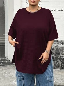 SHEIN CURVE+ 大尺碼休閒紋理短袖側開衩T恤 - 酒紅色 - 查看 5