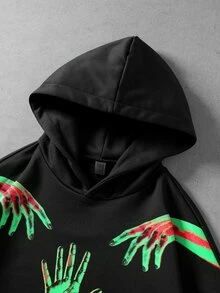 ROMWE MEN Men's Autumn/Winter Printed Hoodie - Black - View 4