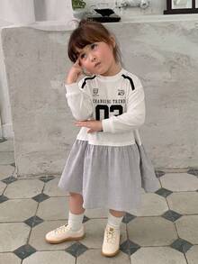 DAZY Infant/Toddler (Girl) Round Neck Striped Patchwork Short Sleeve English Print Dress - White - View 8