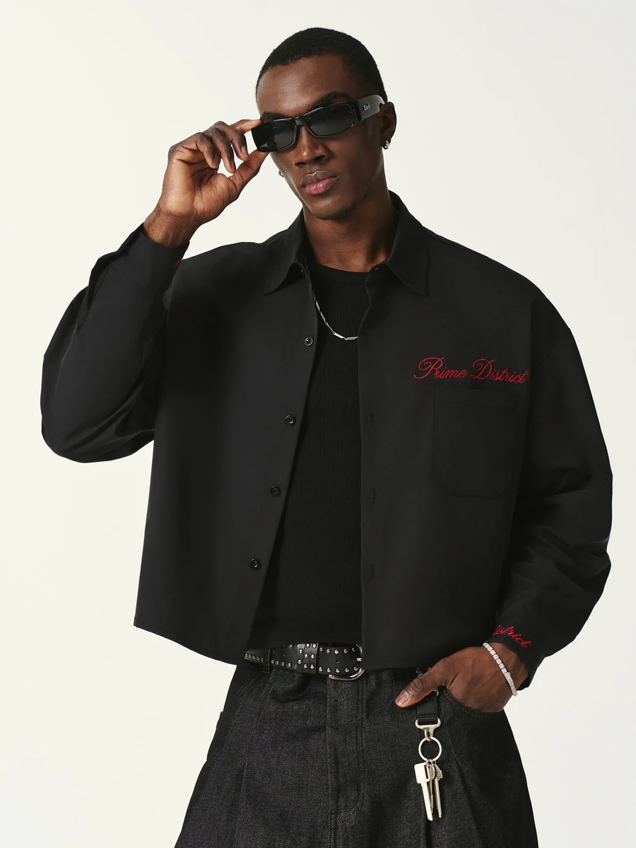 STYNVO Men's Letter Embroidered Long Sleeve Single-Breasted Casual Shirt - Black - View 1