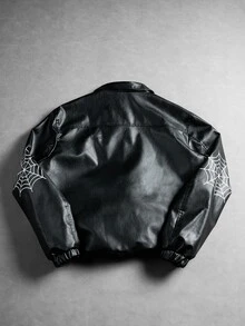 Manfinity Hypemode Men's Fashion Design Printed Black Jacket, Featuring Spider Pattern, Adjustable Hem With Drawstring, Suitable For Casual Wear, Outings, Sports, School, Parties, Music Festivals And Other Occasions. Can Be Given As A Gift To Friends, Contrast Color Jacket - Black - View 2