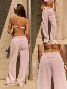 GLOWMODE Cozy Street Collection Everyday Fleece Jetsetter Relaxed Straight-Leg Pants With Double Piping & Studded Pockets Daily Casual Fall Winter Wear - Pink - View 8