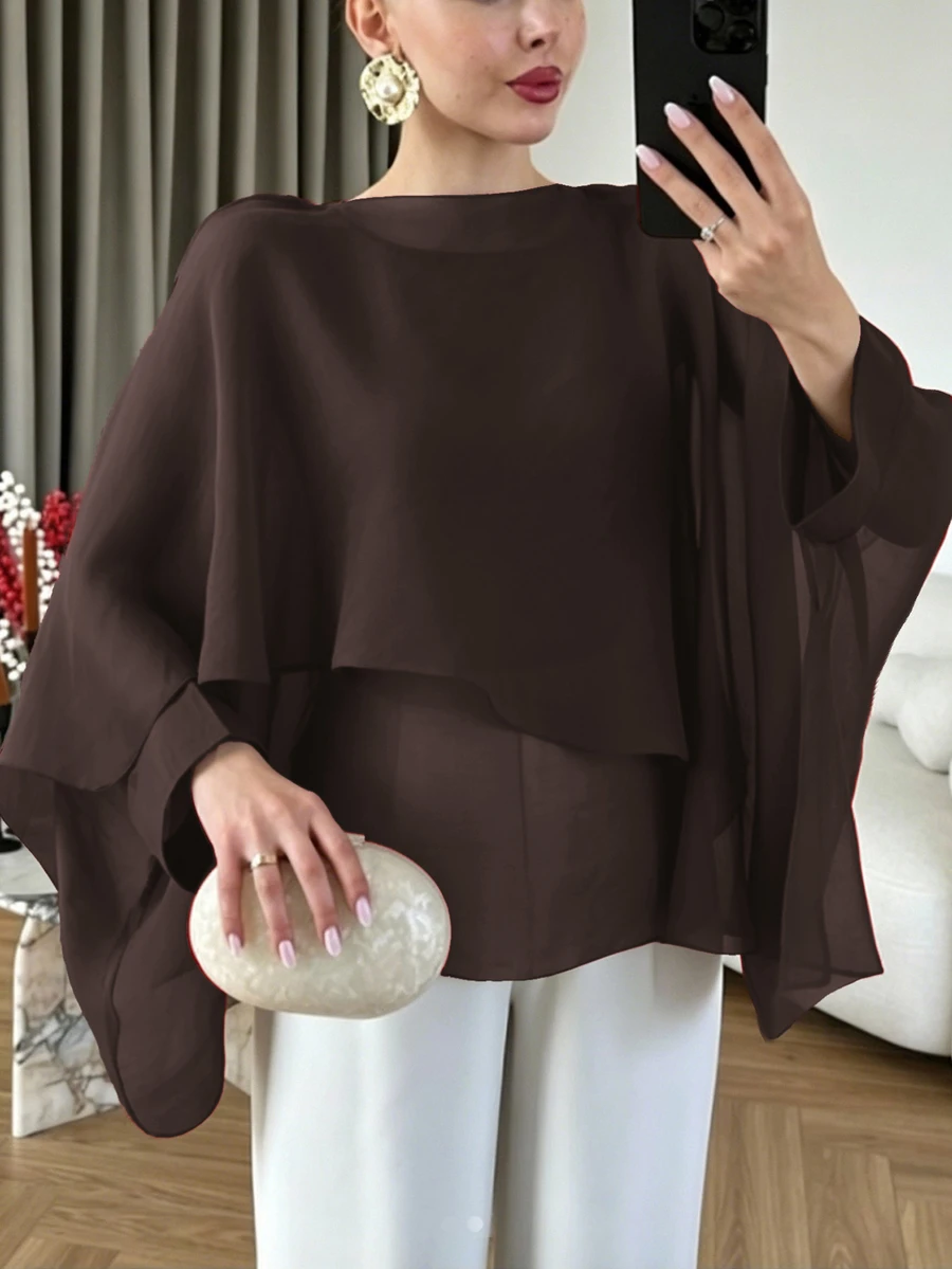 Modelyn Áo blouse nữ size lớn dáng rộng, tay cánh dơi, vải voan rủ, gấu áo bất đối xứng, thanh lịch, có thể mặc đơn lẻ hoặc phối lớp - Màu nâu Sô-cô-la - Xem 1