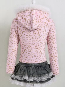 SHEIN 1件女款Y2K甜酷風夾克外套，粉色豹紋大毛領連帽收腰修身拉鍊抓絨外套，休閒街頭約會秋冬穿搭 - 粉色 - 查看 2