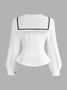 Sweetra Plus Size Women's Casual Commute Minimalist Woven White Long Sleeve Shirt, Autumn/Winter Fall - White - View 2