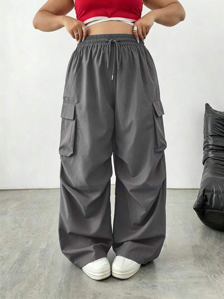 SHEIN Tall CURVE 大尺碼女款純色抽繩腰多功能休閒工裝褲 - 深灰色 - 查看 1
