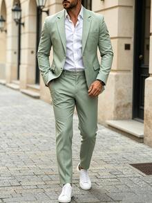 Manfinity Bizformal 男士鼠尾草綠色 2 件套西裝，夏季休閒商務婚禮西裝套裝，西裝外套與長褲，正式舞會西裝，適合日常穿著，給丈夫的儀式禮物... - 綠色 - 查看 5
