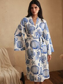 Lullawish Women's Bohemian Casual Vacation Beach Shell Ocean Element Print Tie Loose Woven Robe - Multicolor - View 6