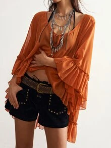 Bohemela Plus Size Women Solid Color V-Neck Front Tie Flared Sleeve Ruffle Hem Loose Fashion Blouse - Orange - View 2