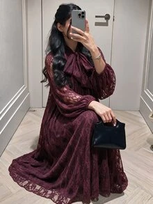 Yasveil Women's Wine Red Knitted Lace Long Sleeve Cinched Waist A-Line Elegant Romantic Arabian Dress - Burgundy - View 5
