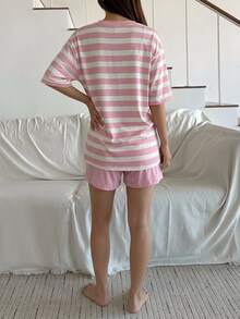 DAZY Minimalist Round Neck T-Shirt Top & Plaid Pants Loungewear Set - Pink - View 2