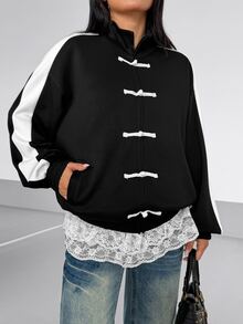 Flirla Casual Versatile Chinese Style Frog Button Cardigan Stand Collar Black & White Contrast Fashion Women's Jacket - Black and White - View 5