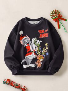 TOM & JERRY X SHEIN كنزة رياضية كاجوال بطبعة حروف وياقة دائرية وأكمام طويلة للأولاد المراهقين - الأسود - مشاهدة 1