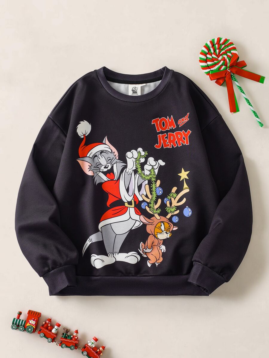 TOM & JERRY X SHEIN كنزة رياضية كاجوال بطبعة حروف وياقة دائرية وأكمام طويلة للأولاد المراهقين - الأسود - مشاهدة 1
