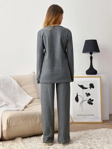 SHEIN 2pcs MOM'S Baby Slogan Embroidered Long Sleeve Pajama Set Soft Rib Knit Round Neck Top & Full Length Lounge Pants Pajama Set For Women Comfort - Grey - View 2