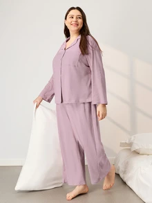 LUVLETTE Set Piyama Wanita Ukuran Plus Katun Lembut Nyaman Motif Waffle Kotak-kotak Klasik untuk Musim Gugur, Atasan Lengan Panjang dan Celana Panjang, Pakaian Musim Gugur - Berwarna merah muda - View 8