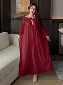 Dazy Plus Sexy White Sheer Mesh Ruffle Ruffle Long Nightgown Plus Size Women Spring Summer Loungewear - Burgundy - View 2