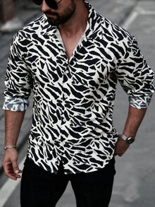 TONEVAULT Men Black White Allover Print Long Sleeve Button Down Shirt, Street Casual Style, Spring Summer, Vacation Party Daily Street, Lapel Loose - Multicolor - View 6