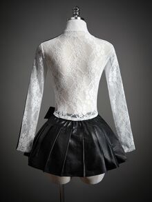SHEIN ICON Women's Letter Patch Lace Zipper Placket Slim Fit Jacket - Black and White - View 2