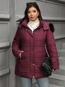 SHEIN Clasi 大尺碼女款純色休閒百搭冬季連帽填充外套 - 酒紅色 - 查看 5