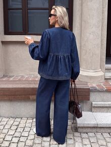 SHEIN 孕婦休閒前綁帶長袖上衣與牛仔褲兩件套 西式女裝 牛仔女郎秋季穿搭 - 藍色 - 查看 7