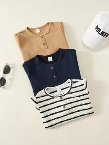 SHEIN 3件組兒童小男孩秋冬針織條紋T恤上衣 基本款多件裝小男孩T恤 秋冬上衣 - 彩色 - 查看 3