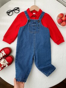 SHEIN 2件組嬰兒男孩女孩秋冬紅色 Polo 運動衫與牛仔吊帶褲套裝 嬰兒服飾運動衫套裝 牛仔套裝 - 彩色 - 查看 3