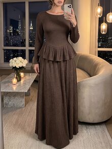 Modelyn 2pcs/Set Textured Elastic Knit Plus Size Women Elegant Long Sleeve Top And A-Line Elastic Waist Skirt, Suitable For Autumn/Winter Date And Casual Occasions - Brown - View 3