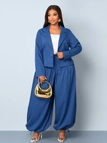 SOLERSUN Plus Size Elegant Button Long Sleeve Jacket And Loose Pleated Cuffed Pants Suit Set - Navy Blue - View 6