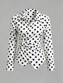 Olithes Plus Size French Style Pleated Button Polka Dot Print Blouse - Blue and White - View 1