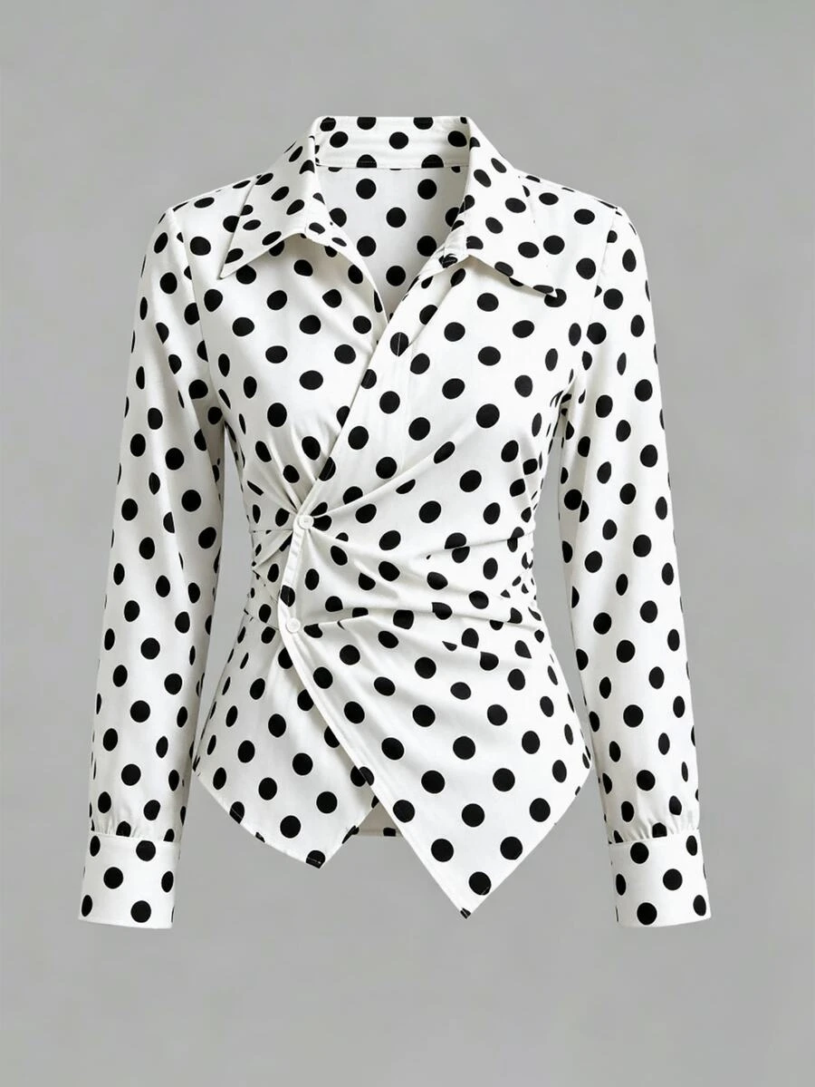 Olithes Plus Size French Style Pleated Button Polka Dot Print Blouse - Blue and White - View 1
