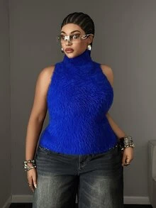 Maweii Plus Size Women's Mink Fur Texture Ultra Short Fashion Sweater Vest - Blue - View 5